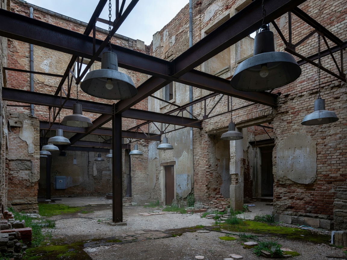 Atmospheric courtyard ruin venue in Budapest with industrial steel lamps and exposed brick