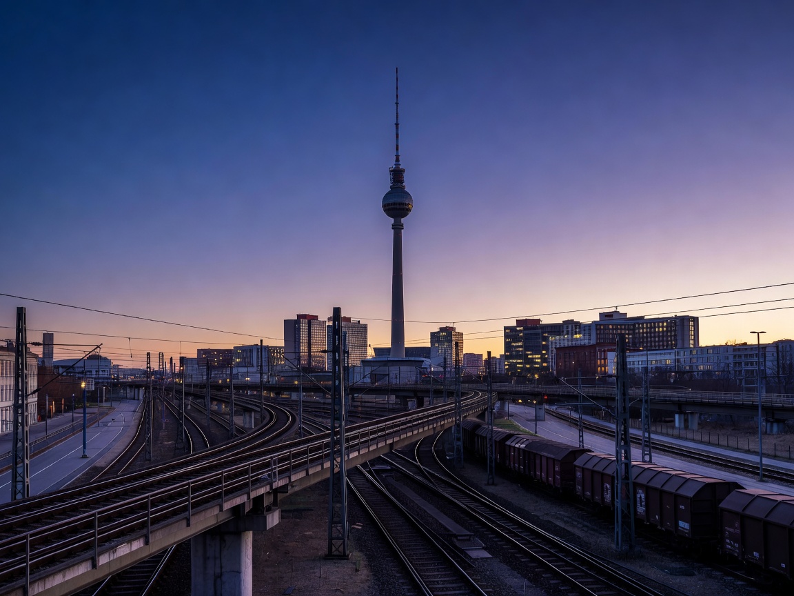 Berlin cityscape at dusk showing television tower and industrial transport lines