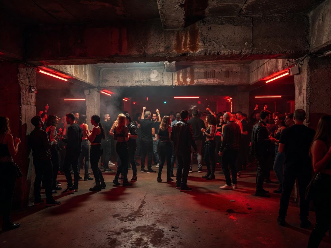 Berlin underground nightclub interior with deep red ambient lighting and concrete beams