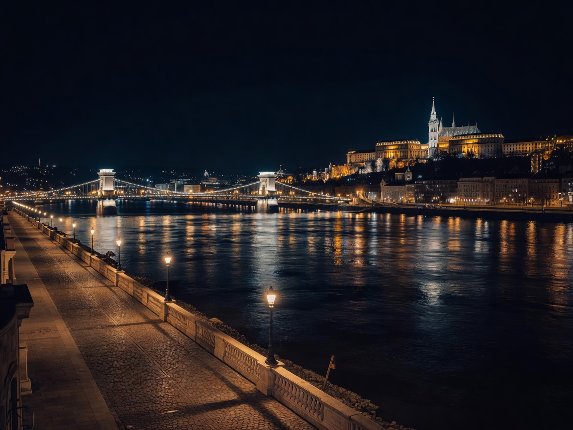 Budapest Danube river view at night illuminated by street lamps