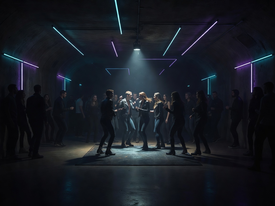 Dimly lit subterranean club in Prague with minimalist neon fixtures and focused dancefloor