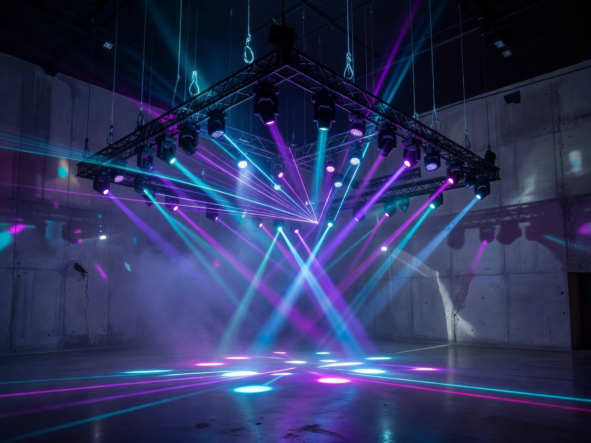 High-tech nightclub lighting grid suspended over concrete interior