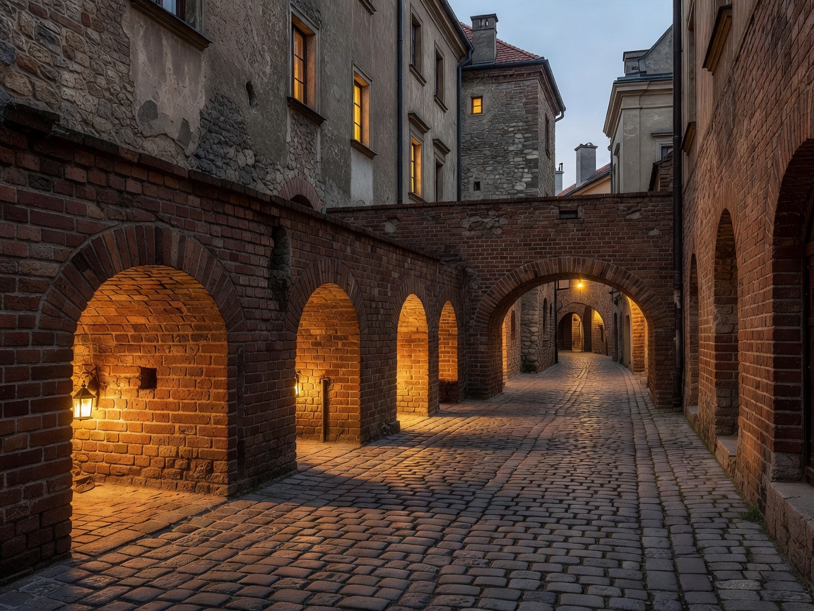 Kraków historic brick cellars and cobblestone streets illuminated in ambient warm light