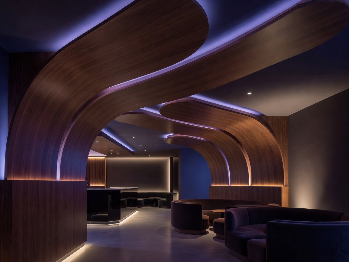 Precision designed nightclub interior with curved wooden acoustic diffusers