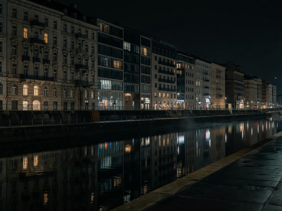 Vienna urban architecture along the Donaukanal at night with moody lighting